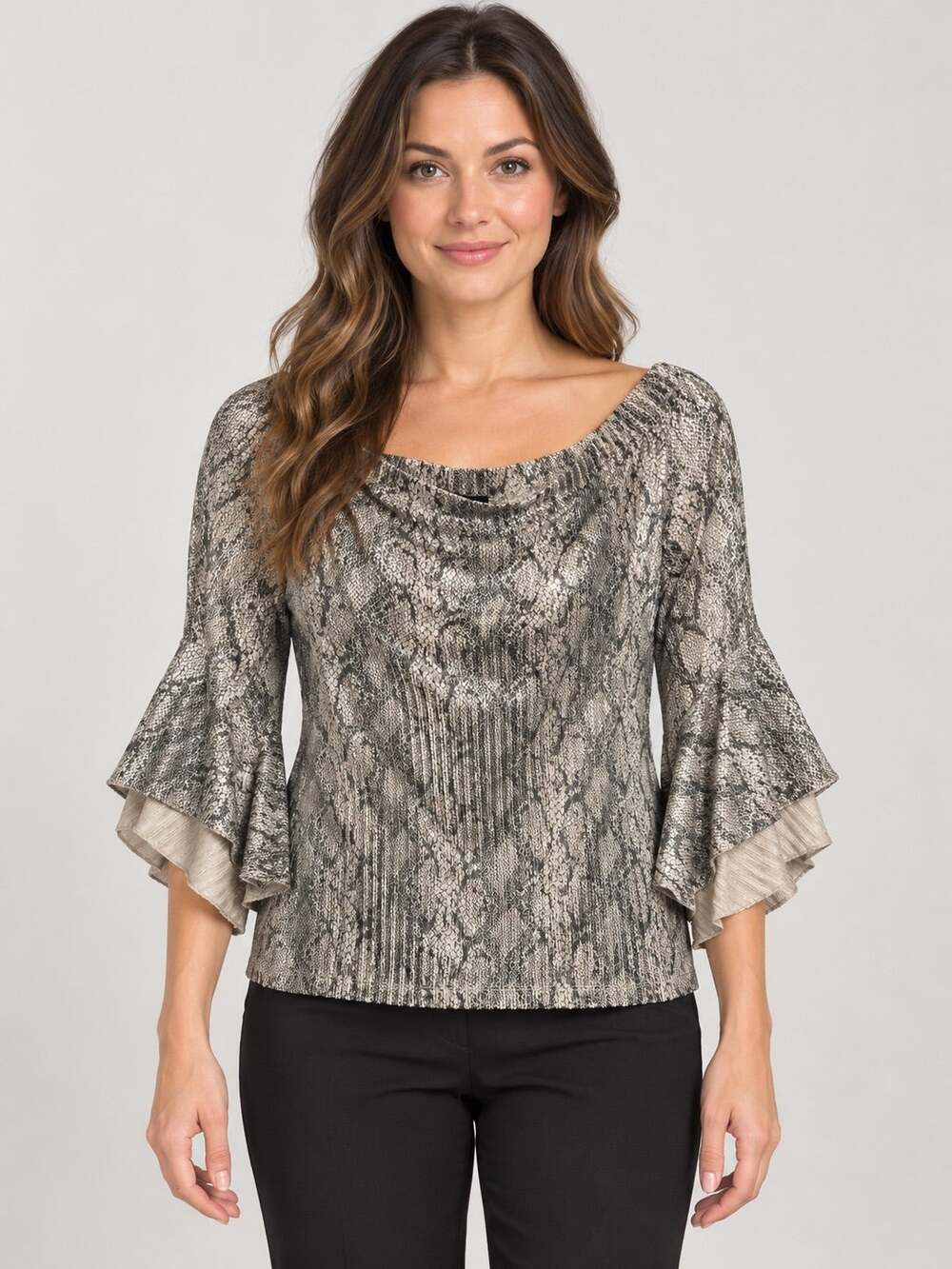 Ronni Nicole Taupe Silver Metallic Snakeskin Top Size Small NWT Bell Sleeves